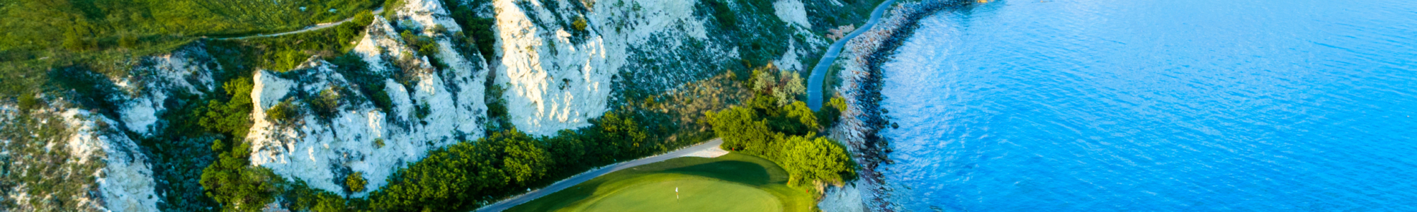 Ariel shot of Thracian cliffs golf course in Bulgaria overlooking the sea