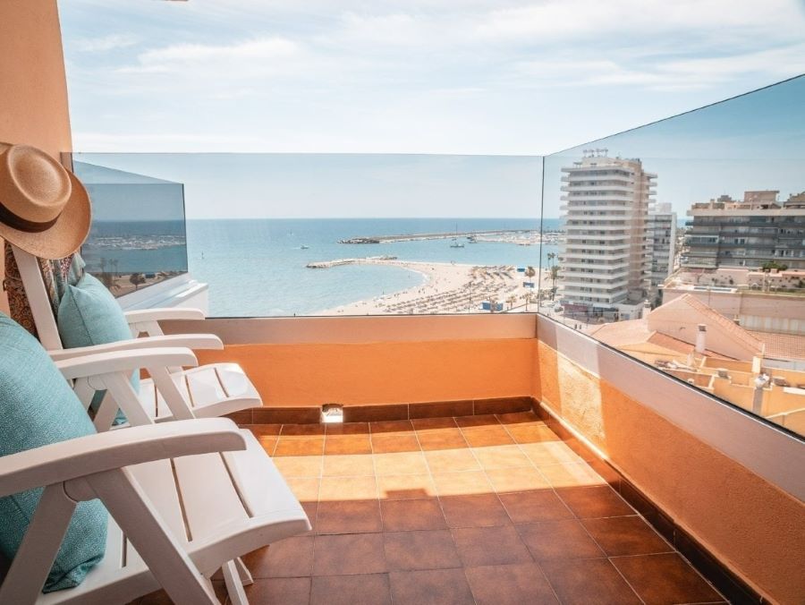 Beach views from terrace at Hotel Angela