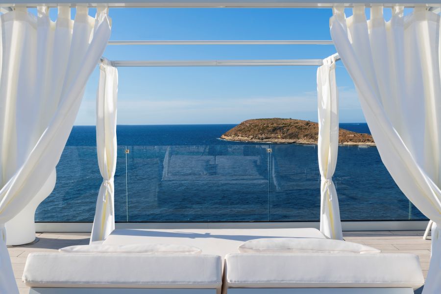 Cabanas beds overlooking the sea at Elba Sunset Mallorca Thalasso Spa Hotel