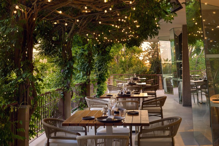 Outdoor dining with greenery overhead at Melia Lloret De Mar in Costa Brava