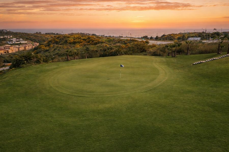 Sunset over the second hole at Azata Golf