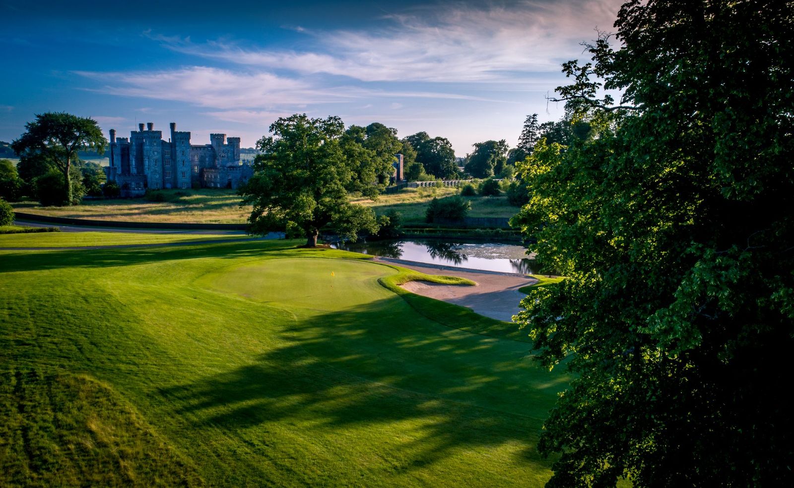 Trees over the golf course with the castle in the distance at Killeen